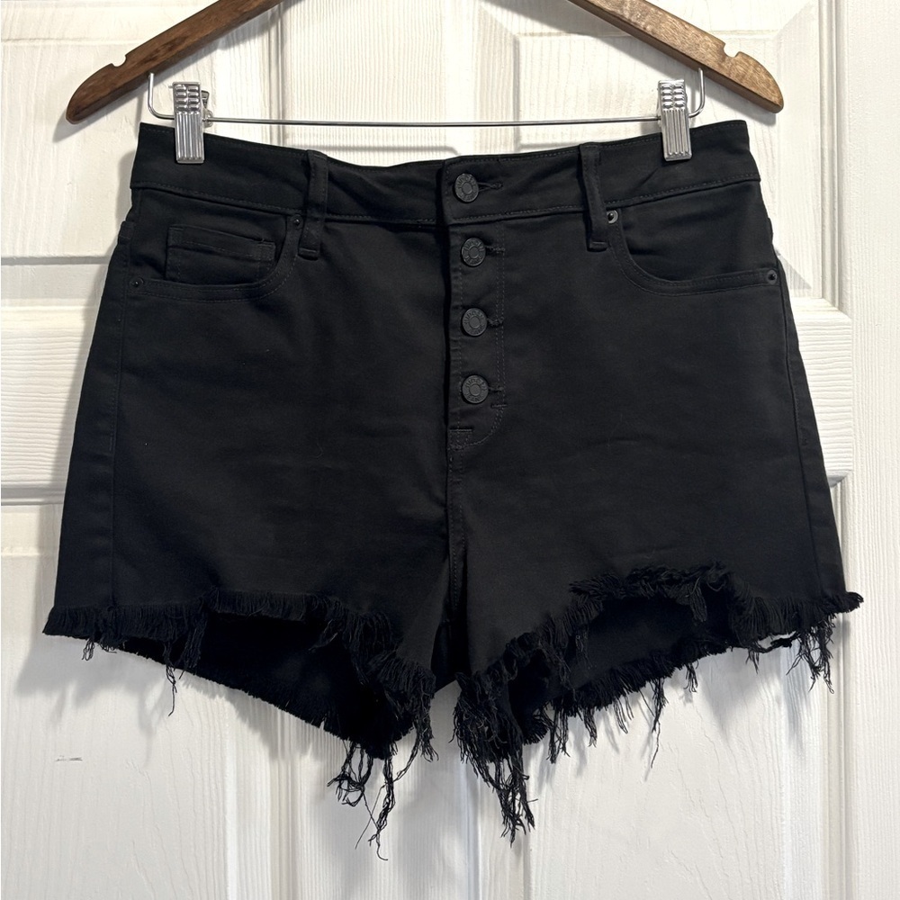 HIDDEN High Rise Black Frayed Hem Shorts Soft Stretchy Jean Denim Large 12 / 14